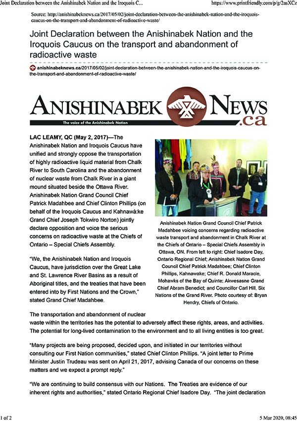 Joint Declaration between the Anishinabek Nation and the Iroquois Caucus on the transport and abandonment of radioactive waste